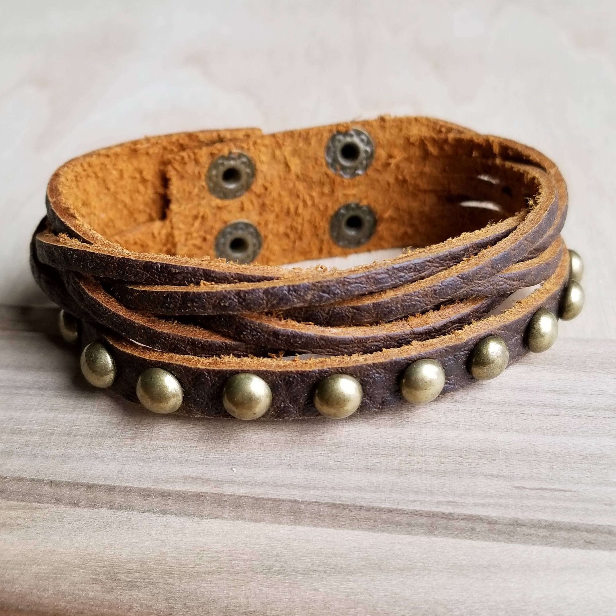 JJ Multi-Strand Leather Cuff with Antique Gold Studs 007s