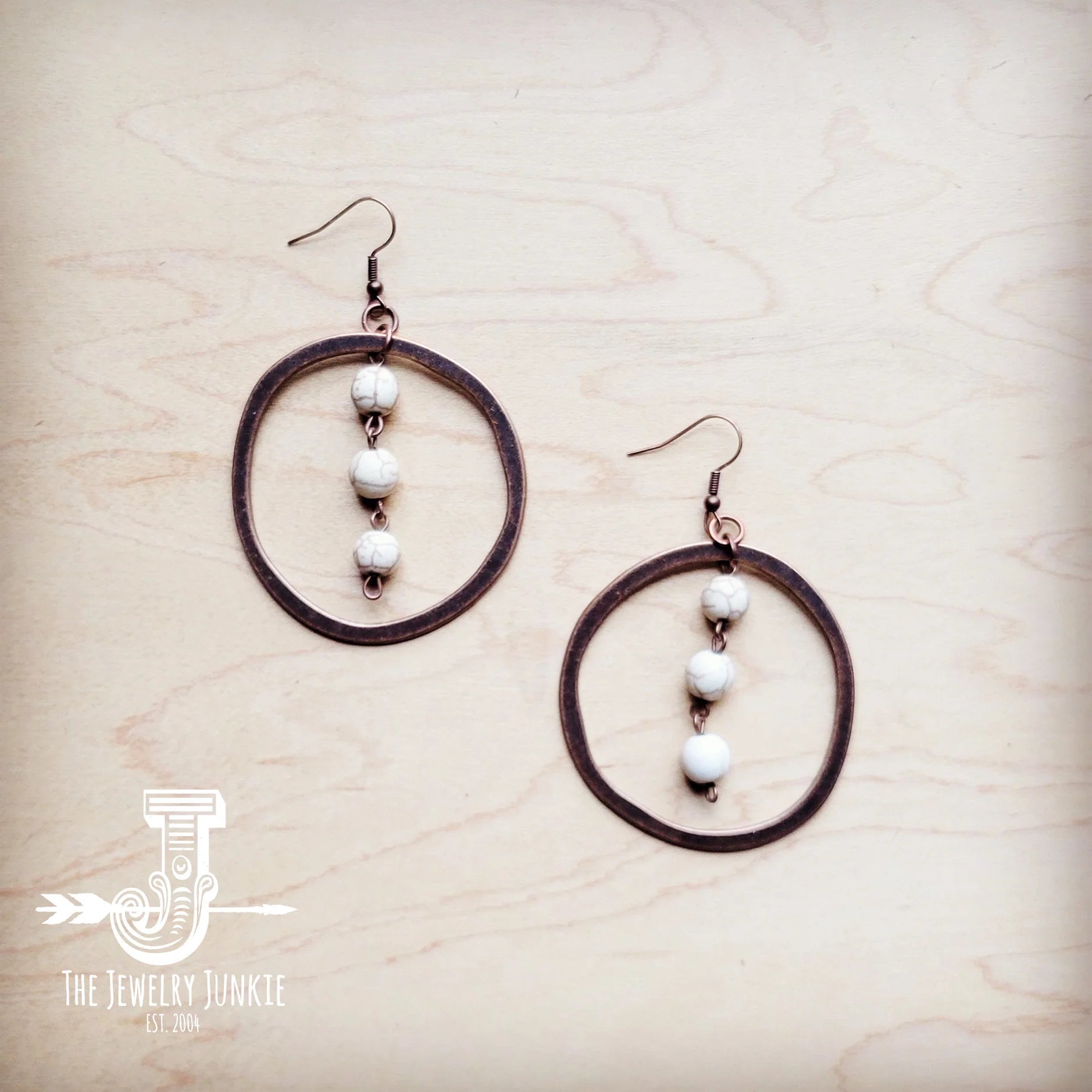 JJ Western Copper Hoop Earrings w/ White Turquoise Beads 224g