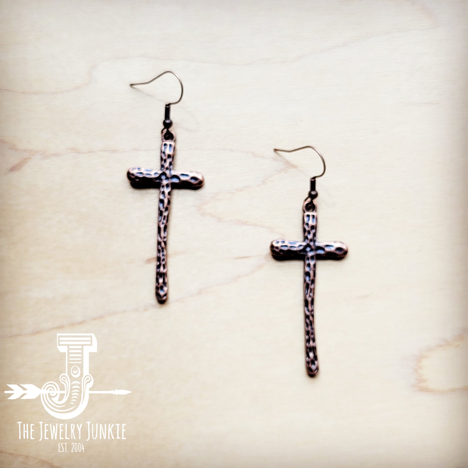 JJ Narrow Hammered Copper Cross Earrings 220q