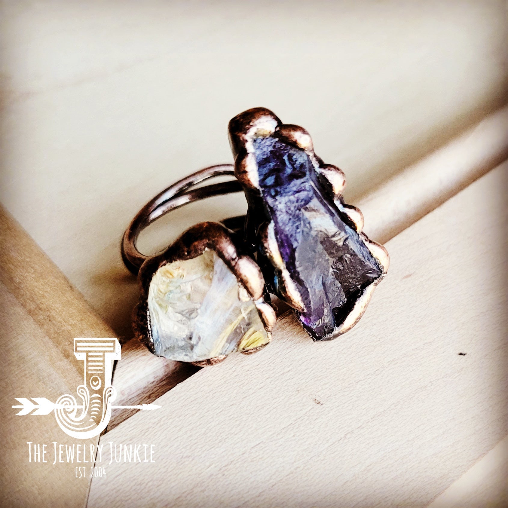JJ Genuine Amethyst and Quartz Ring in a Copper Setting 012a