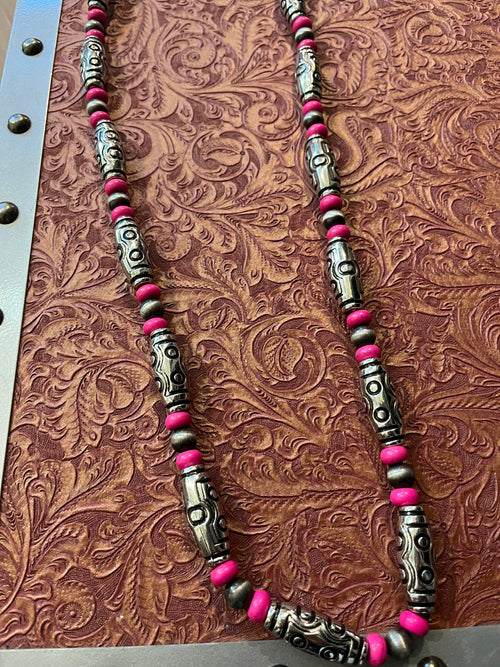 Pink Silvertone Western Necklace