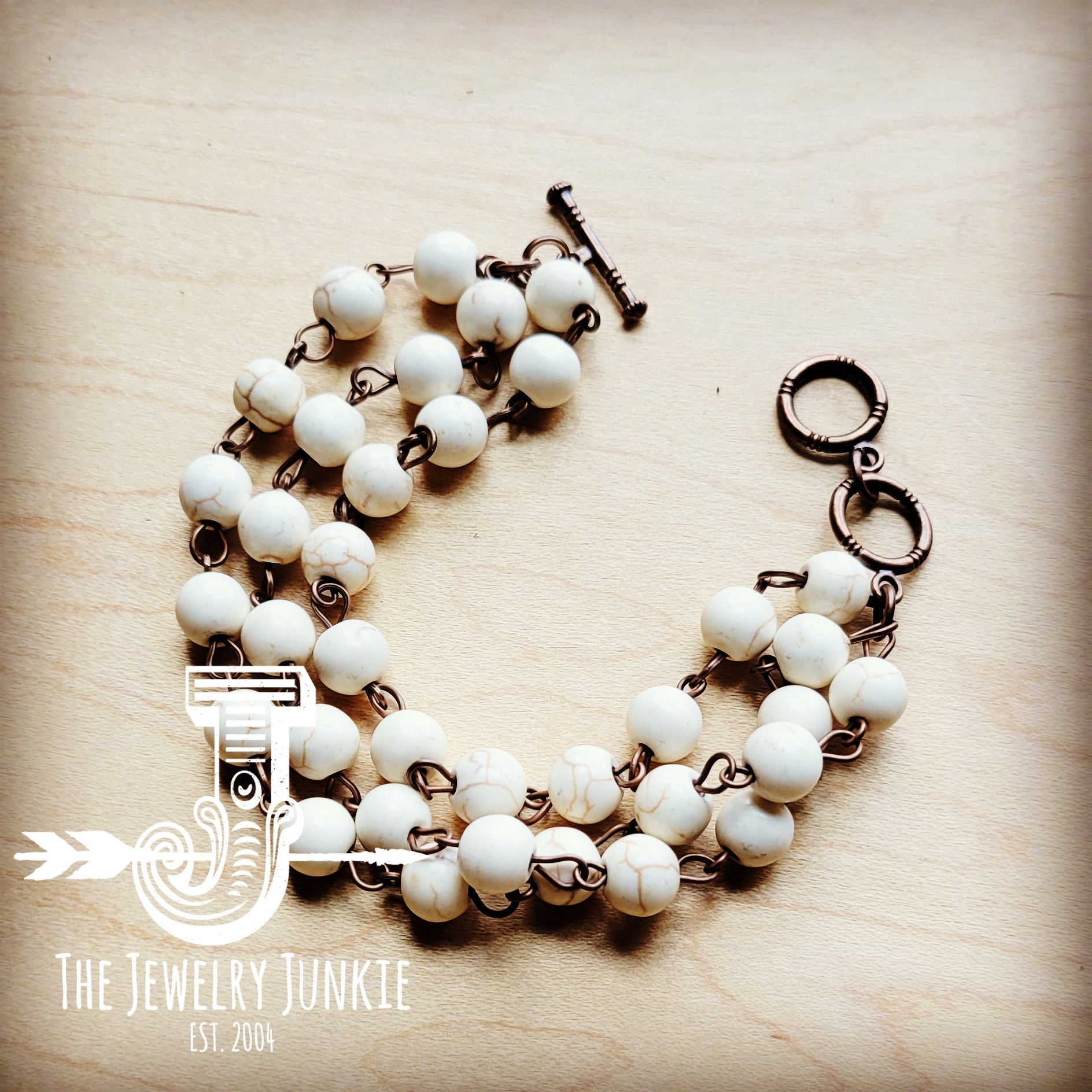 JJ White Turquoise Triple Strand Bracelet 807h