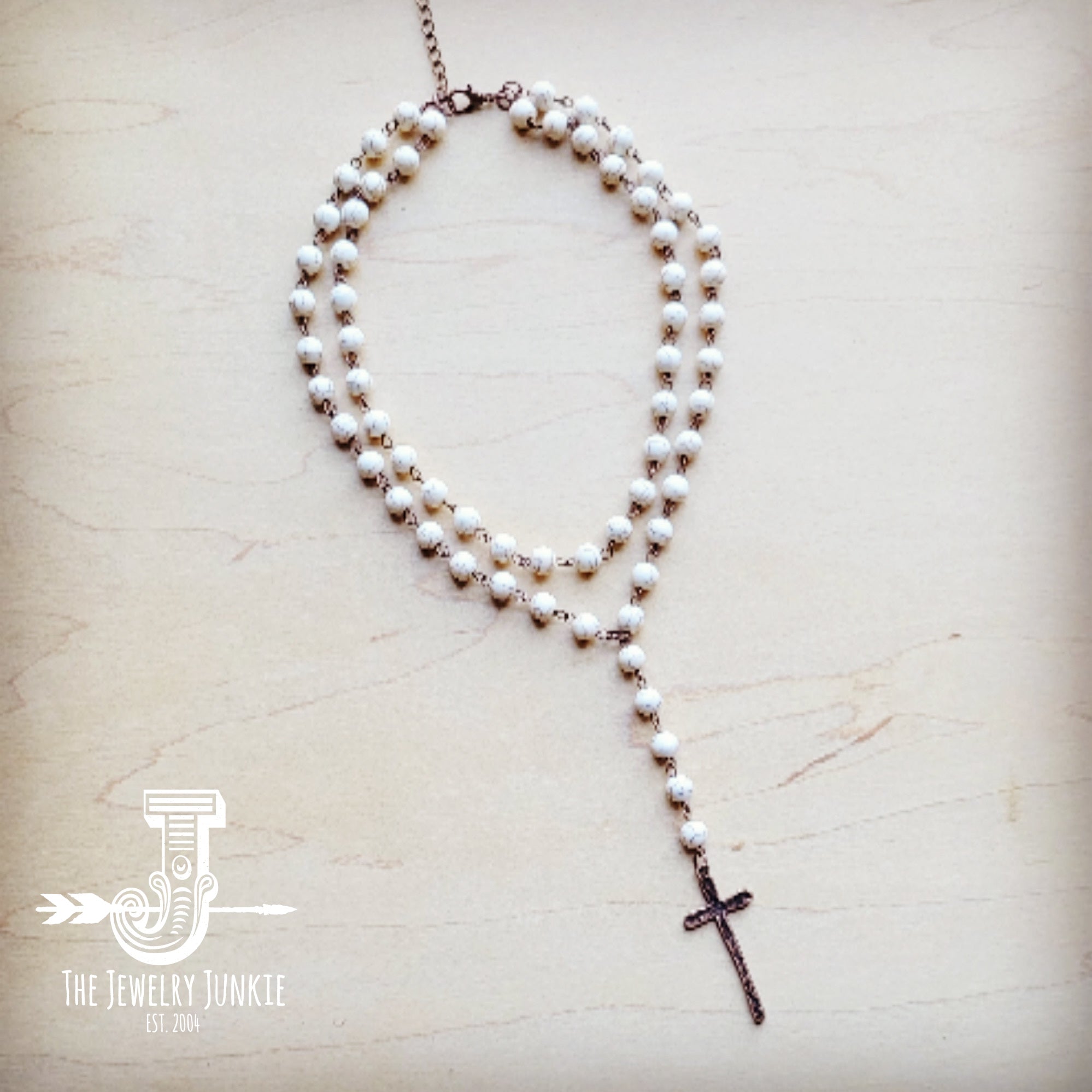 JJ Double Strand Lariat White Turquoise Necklace w/ Cross Pendant 259r