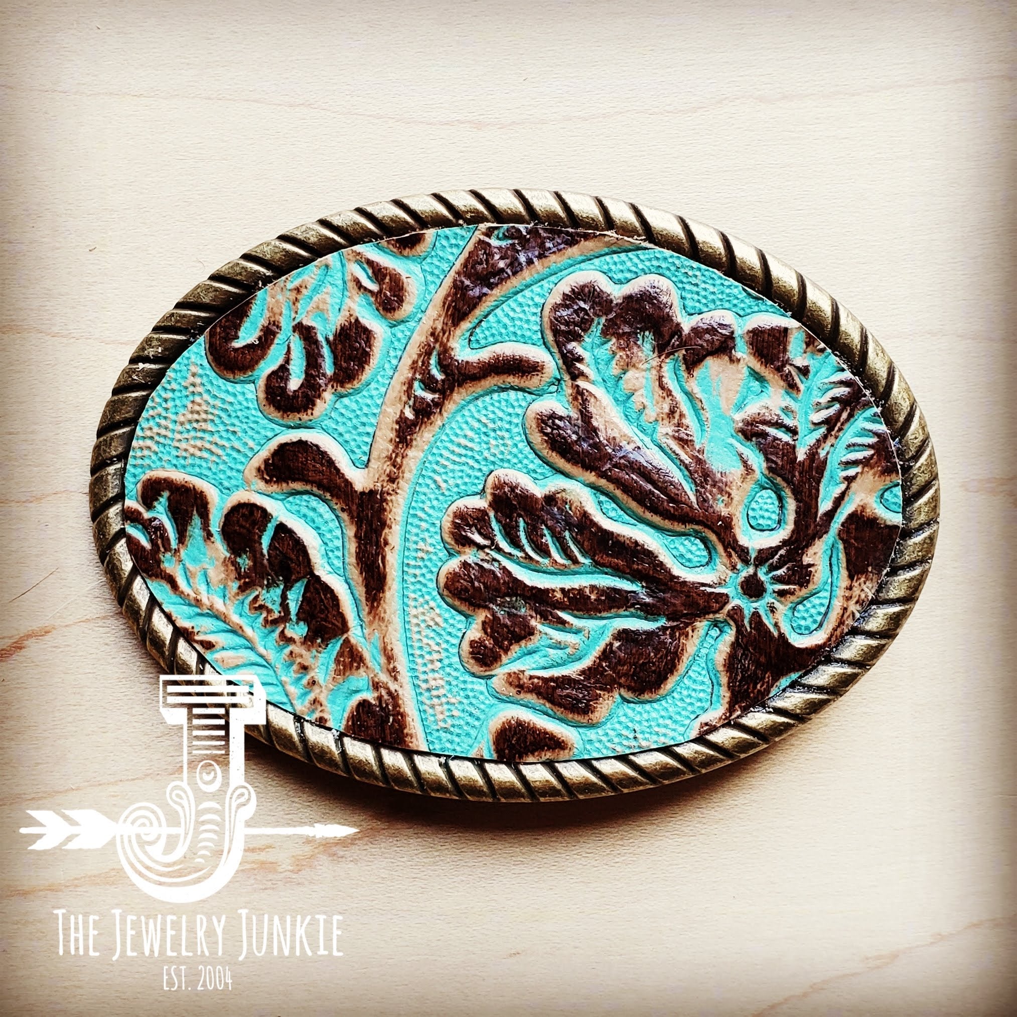 JJ Rope Edge Cowboy Turquoise Leather Belt Buckle 901w