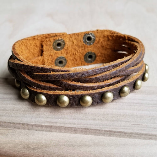 JJ Multi-Strand Leather Cuff with Antique Gold Studs 007s