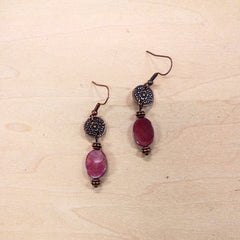 **Natural Pink Jade Earrings w/ Copper Scroll Accent 225r