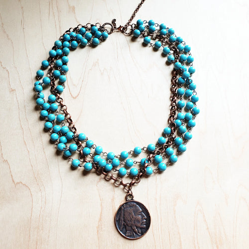 JJ Blue Turquoise Collar-Length Necklace w/ Indian Buffalo Coin 114E