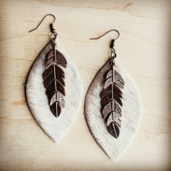 Leather Oval Earrings Tan Hair-on-Hide w/ Copper Feathers 223c