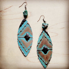Leather Narrow Oval Earrings in Navajo w/ Turquoise Accent 206o