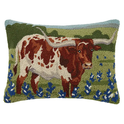 Longhorn Hook Pillow - Bluebonnets