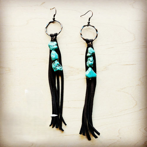 Brown Leather Fringe Earrings with Turquoise Chunks 218p
