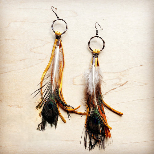 Yellow Deer Skin Leather Tassel Earring Peacock Feather 219i