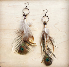Bone Deer Skin Leather Tassel Earring Peacock Feather 219k