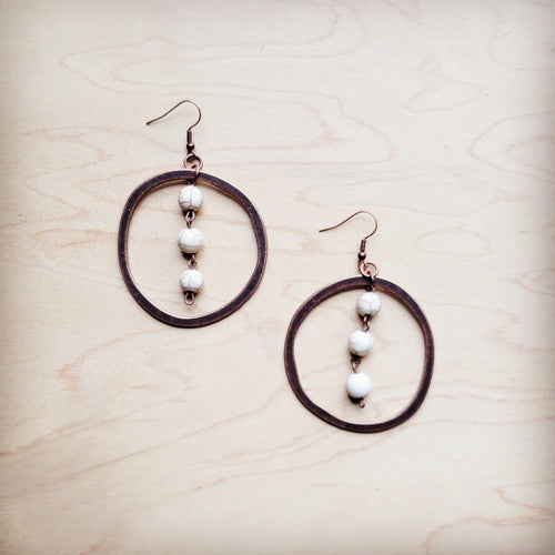 Western Copper Hoop Earrings w/ White Turquoise Beads 224g