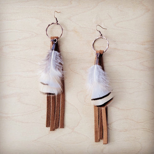 Boho Tan Deer Skin Leather Tassel Earring-Brown Feather 217c