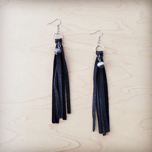 Black Leather Fringe Earrings with Silver Bead Accent-Black 200c