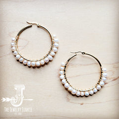 **Wire Wrapped Freshwater Pearl Beaded Hoop Earrings 221b