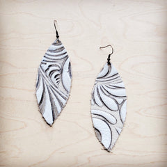 Narrow Oval Leather Earrings in Sandy White Floral 225b