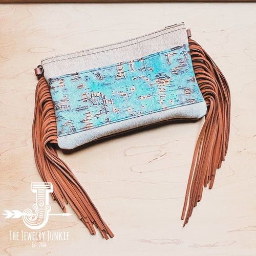 JJ Hair on Hide Handbag w/ Turquoise Metallic Accent & Fringe 514g
