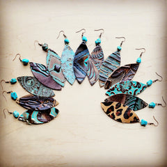 Leather Narrow Oval Earrings in Navajo w/ Turquoise Accent 206o