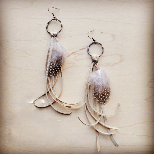 Boho Bone Deer Skin Leather Tassel Earring-Spotted Feather 217d