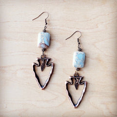 Copper Arrow Earrings w/ Genuine Aqua Terra Beads 225p
