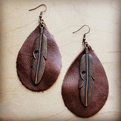 Leather Teardrop Earrings Brown w/ Copper Feather 208a