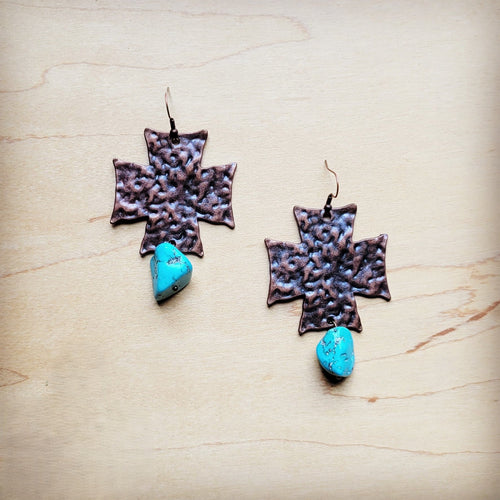 **Copper Cross Earrings w/ Blue Turquoise Chunks 220o