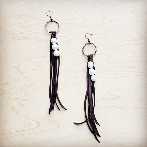 Brown Leather Fringe Earrings with Freshwater Pearls 225i