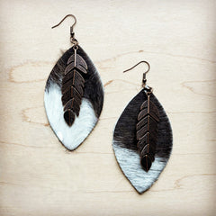 Leather Oval Earrings Black White Hair Hide w/ Copper Feather 219n