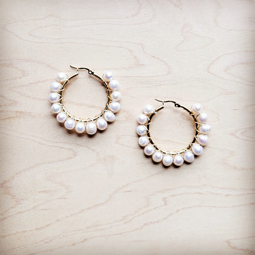 JJ Wire Wrapped Freshwater Pearl Beaded Hoop Earrings 221b