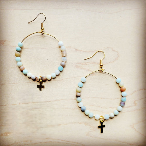Beaded Hoop Earrings- Amazonite w/ Cross Dangle 215f