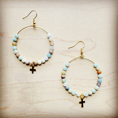 Beaded Hoop Earrings- Amazonite w/ Cross Dangle 215f