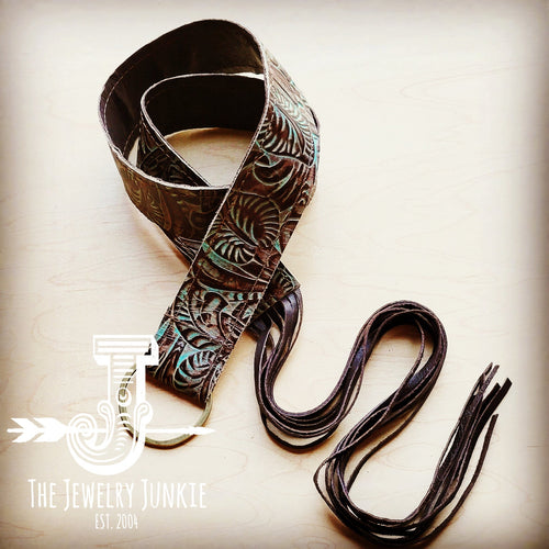 JJ Brown Floral Leather Belt with Leather Fringe Closure 905L