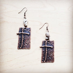 Copper Cross Earrings w/ White Turquoise Chunks 225f