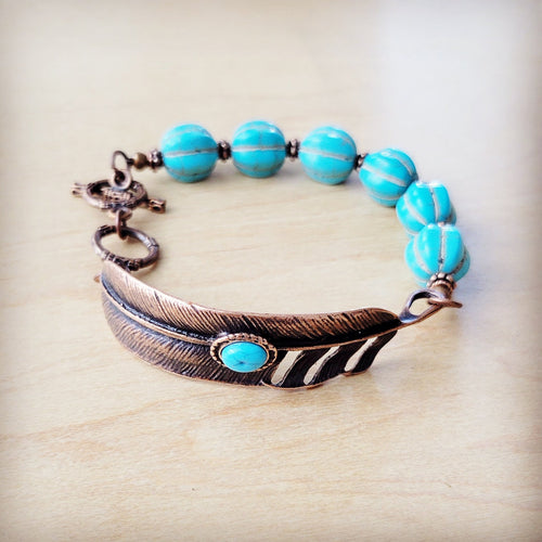 JJ Blue Melon Turquoise Beaded Bracelet on Copper Feather 810u