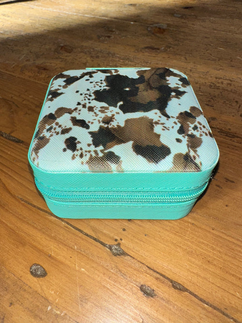 Aqua Cow Print Jewlery Case