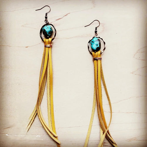 Turquoise Drop Earrings with Leather Tassel-Mustard 206f