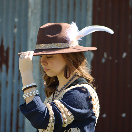 Leather Teardrop Earrings Brown w/ Copper Feather 208a