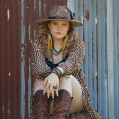 Leather Fringe Earrings with Turquoise Chunks Mustard 218o