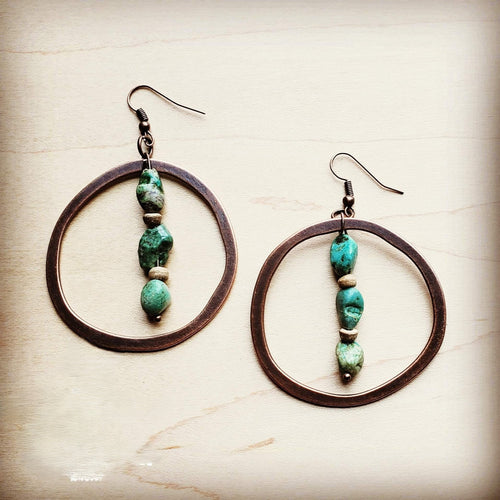 Copper Hoop Earrings in Natural Turquoise and Wood 201q