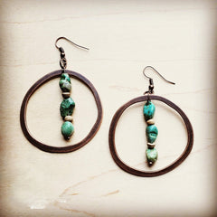 Copper Hoop Earrings in Natural Turquoise and Wood 201q