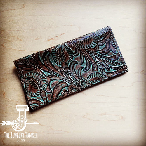 JJ Embossed Leather Wallet in Turquoise Brown Floral 301e