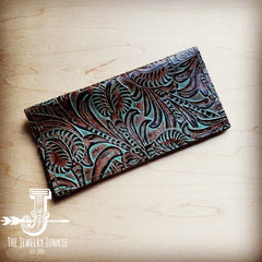 JJ Embossed Leather Wallet in Turquoise Brown Floral 301e