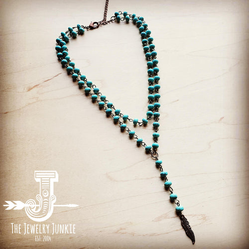 JJ Double Strand Lariat Blue Turquoise Necklace w/ Copper Feather 251e