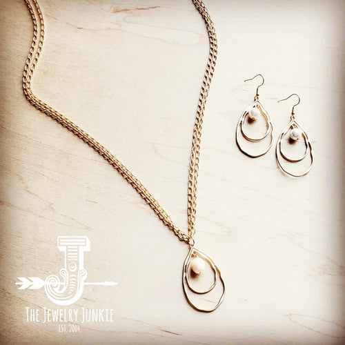 JJ Matte Gold Double Hoop Earrings with Pearl Dangle 203t