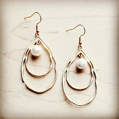 Matte Gold Double Hoop Earrings with Pearl Dangle 203t