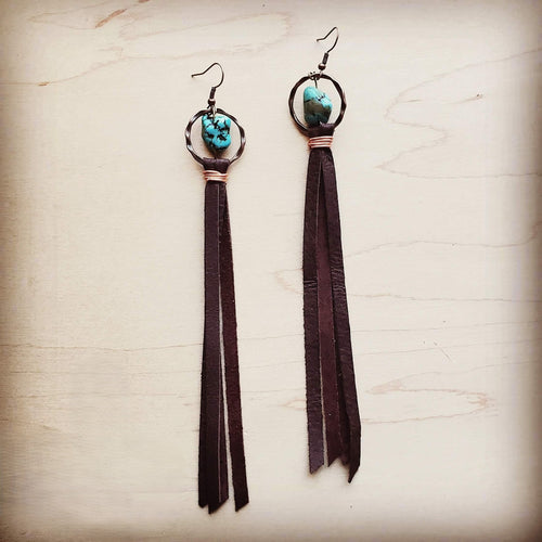 Turquoise Drop Earrings w/ Brown Leather Tassel 203z