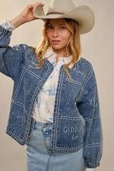 Western Embroidery Puff Sleeve Denim Jacket