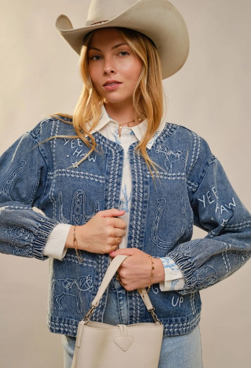 Western Embroidery Puff Sleeve Denim Jacket